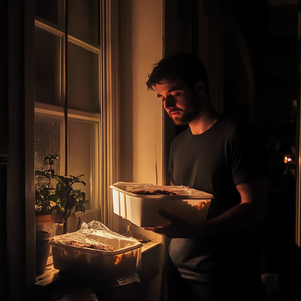 A man holding containers of food | Source: Midjourney