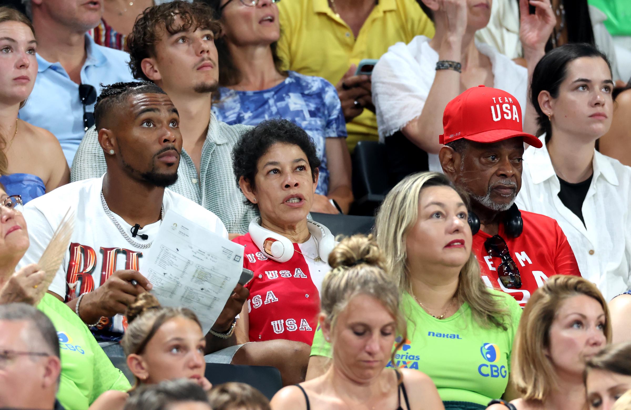 Jonathan Owens and Simon Biles' parents Nellie and Ronald Biles during the Olympic Games Paris 2024 at Bercy Arena on July 30, 2024, in Paris, France. | Source: Getty Images