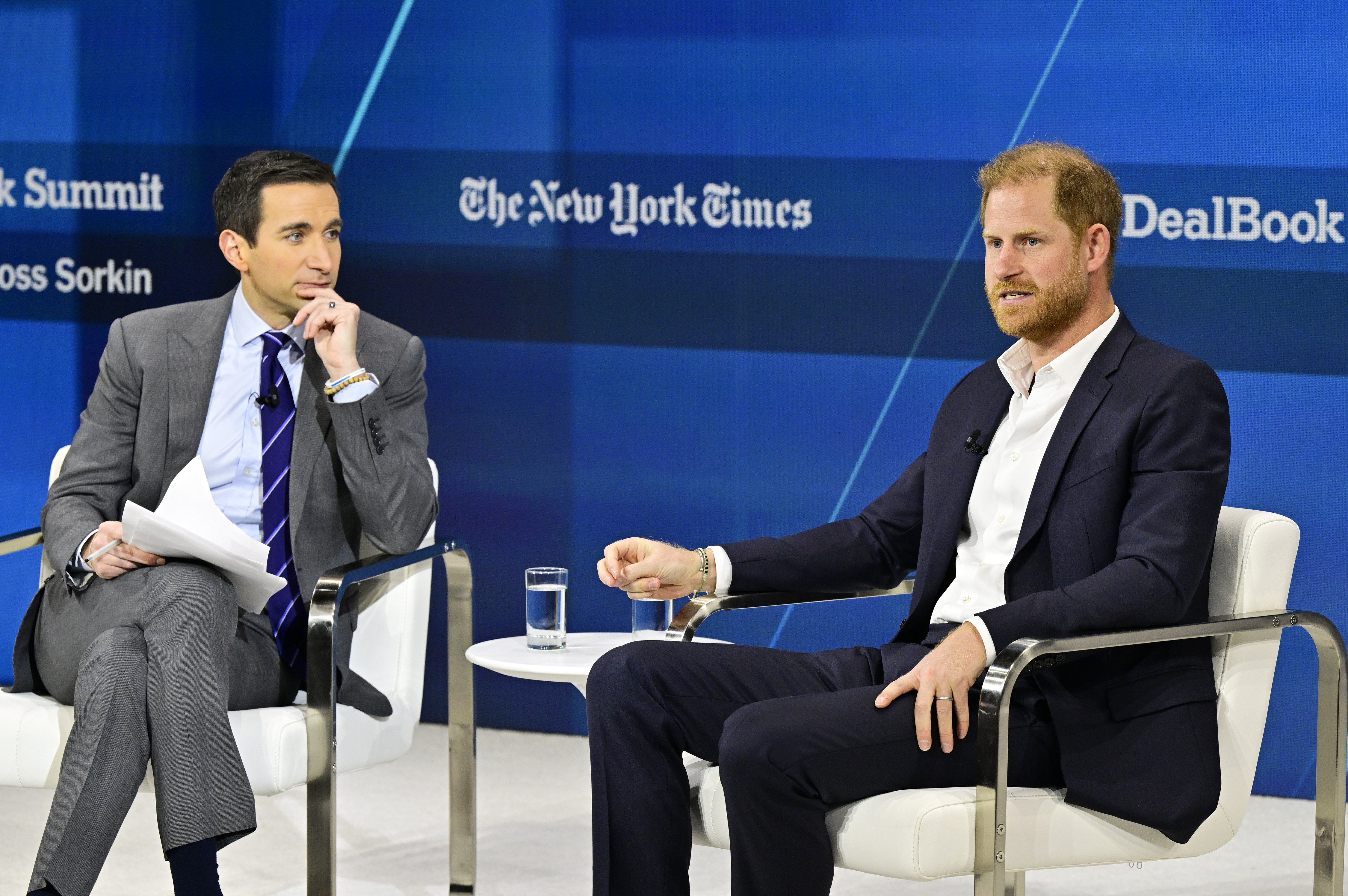 Andrew Ross Sorkin and Prince Harry during The New York Times Dealbook Summit 2024 on December 4, 2024, in New York City. | Source: Getty Images