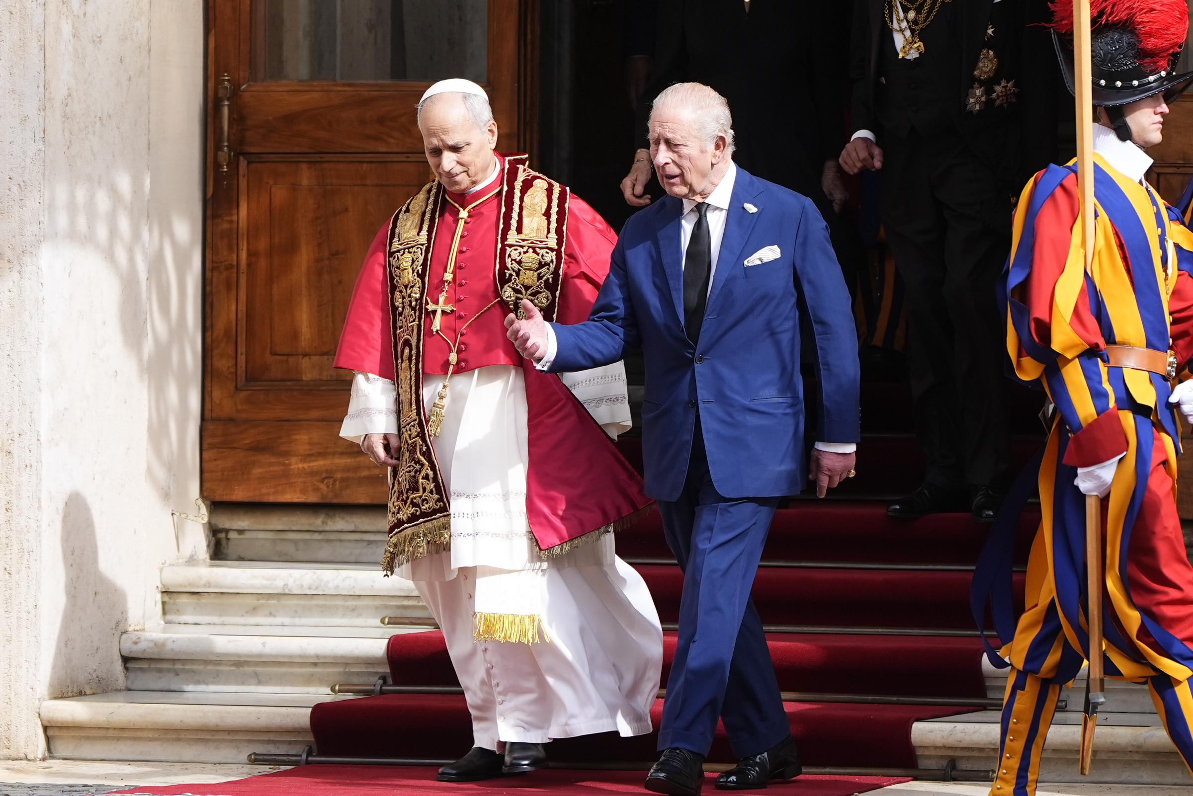 King Charles III and Pope Leo XIV in the San Damaso Courtyard, in St Peter's Square, after attending the ecumenical service in the Sistine Chapel on October 23, 2025 | Source: Getty Images