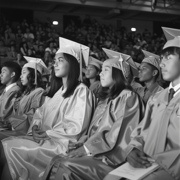 A grayscale photo of students seated on their graduation day | Source: Midjourney