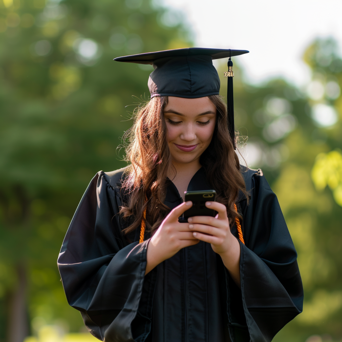 A young woman in a graduation gown and cap checking her mobile phone | Source: Midjourney