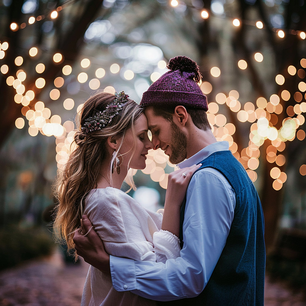 A newly-wed couple dancing under twinkling lights | Source: Midjourney