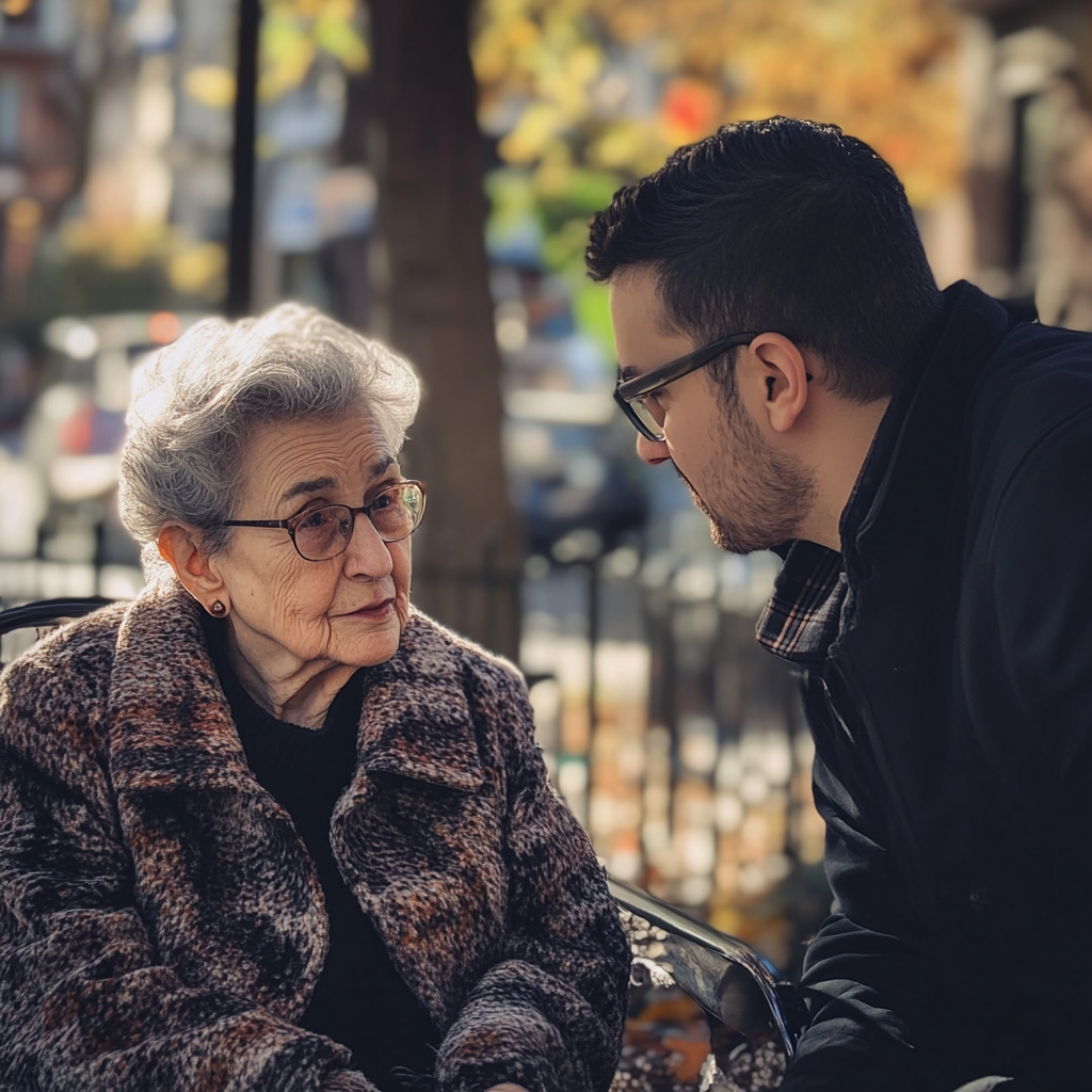 Senior woman having a conversation with her son | Source: Midjourney