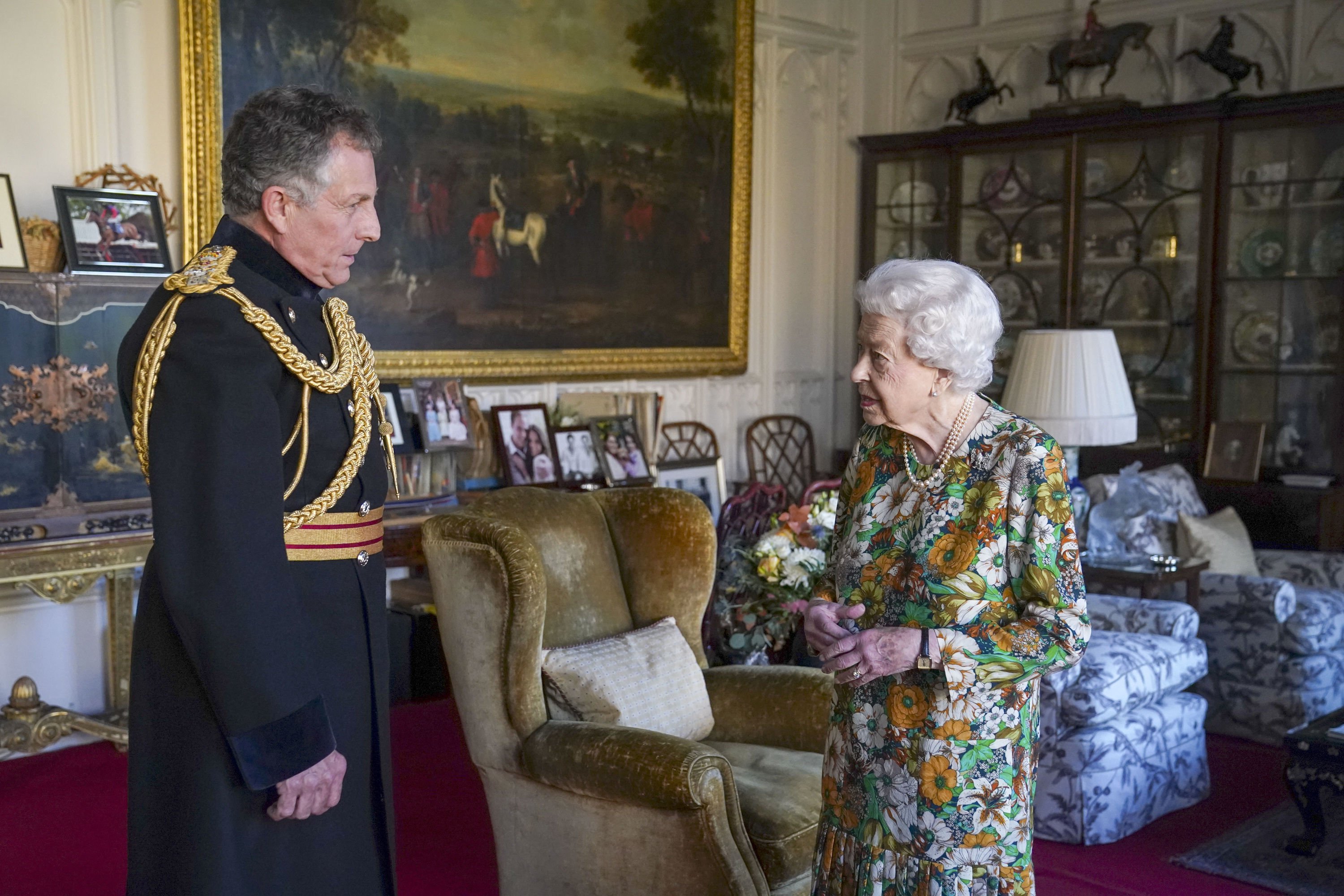 Queen Elizabeth II receives General Sir Nick Carter, Chief of the Defence Staff, during an audience in the Oak Room at Windsor Castle on November 17, 2021 in Windsor, England | Source: Getty Images