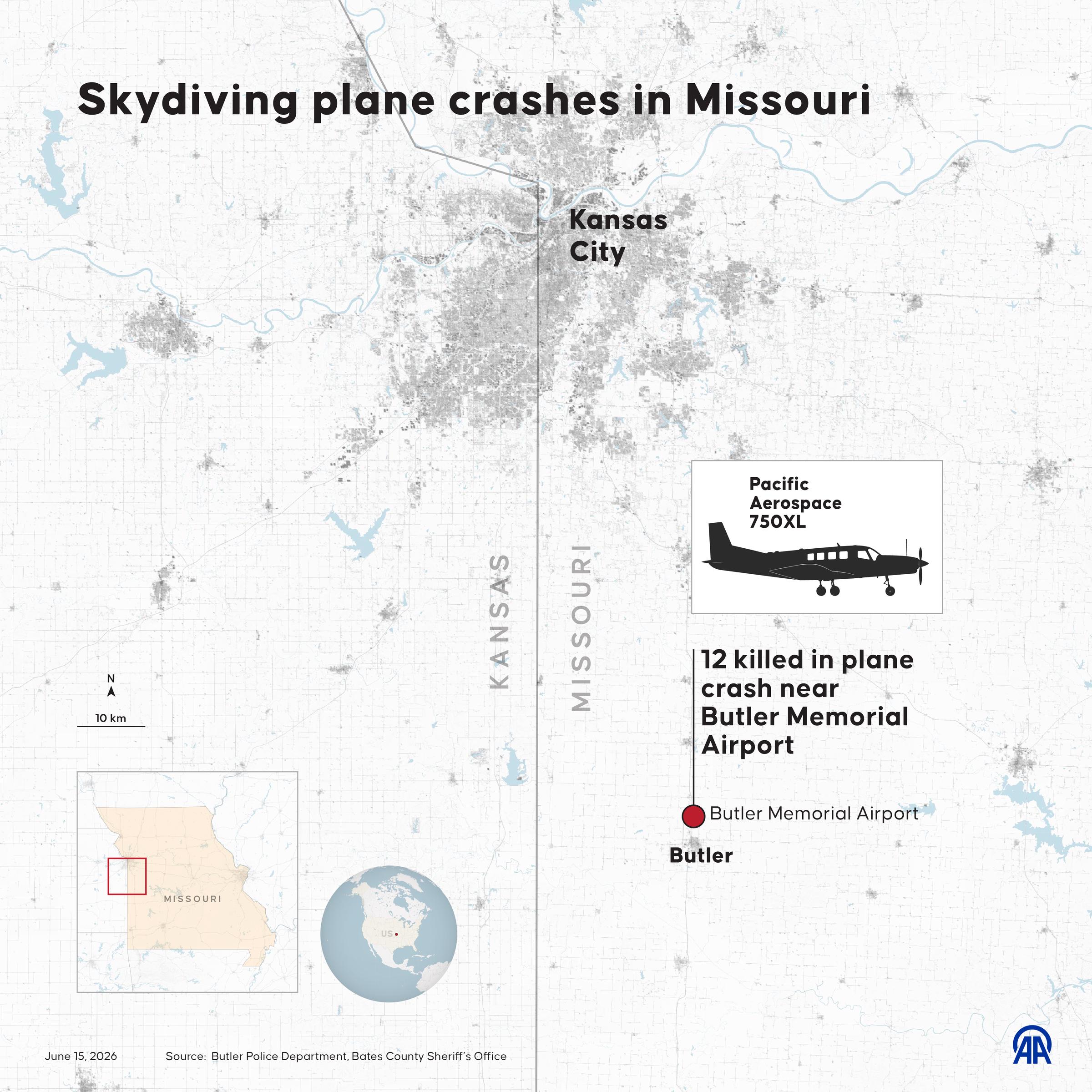 A map pinpoints Butler Memorial Airport, where a skydiving plane crashed, killing all 12 people aboard. | Source: Getty Images