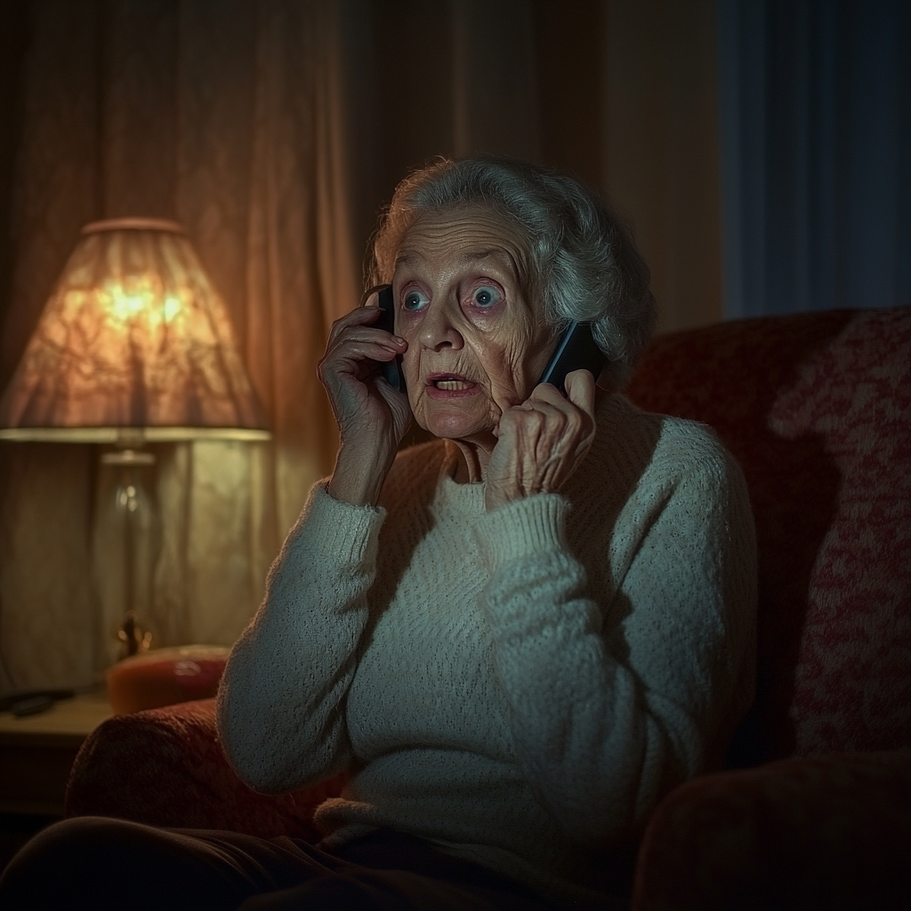 A scared elderly woman on her phone | Source: Midjourney