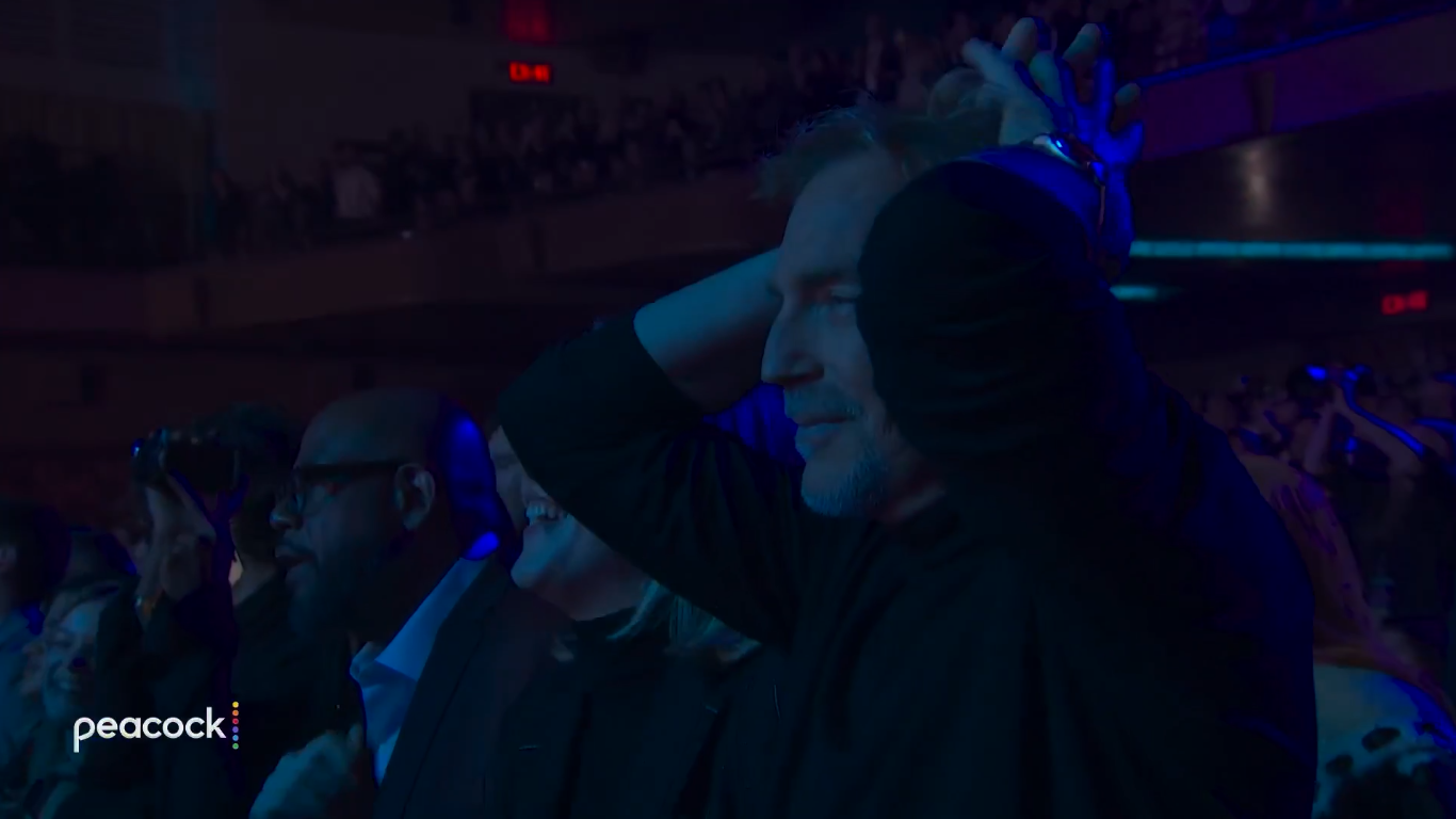 Kevin Costner reacts to Cher's performance at "SNL50: Homecoming Concert" on February 15, 2025, in New York City.