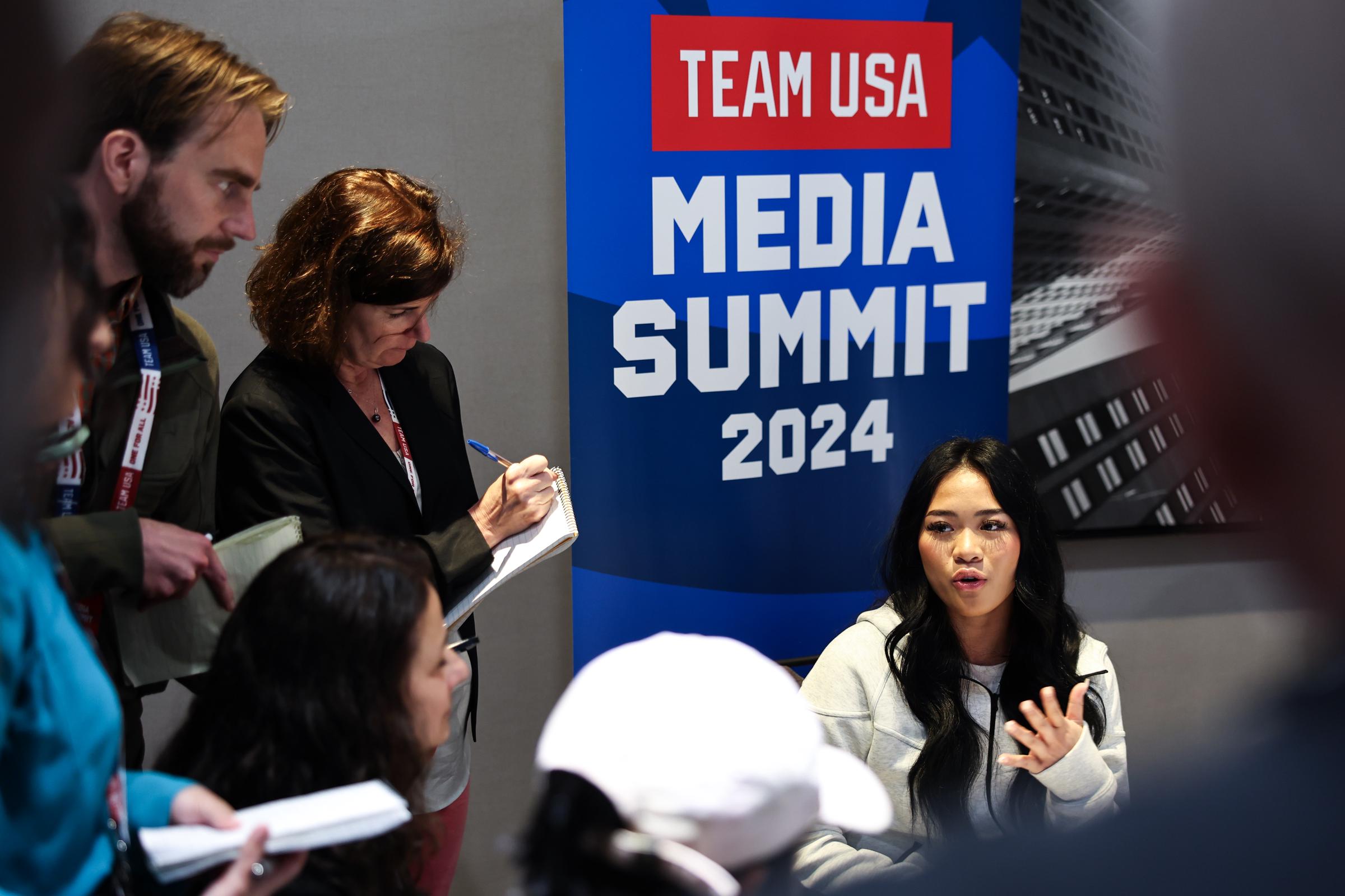 Suni Lee speaking to the media during the Team USA Media Summit on April 15, 2024, in New York. | Source: Getty Images