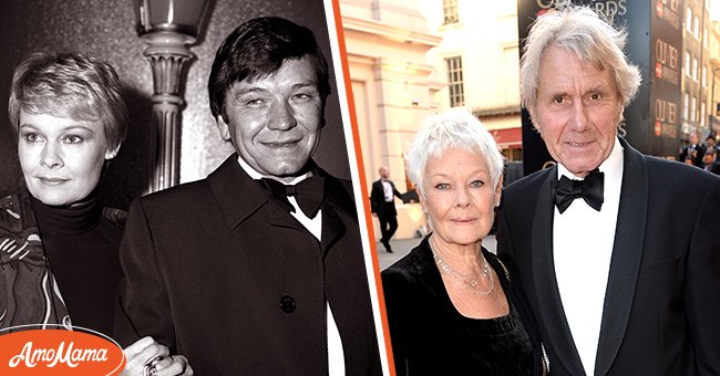 Judi Dench with Michael Williams at the BAFTA Awards in London in March 1982 [left], Dame Judi Dench and David Mills at the Laurence Olivier Awards on April 13, 2014, in London [right] | Source: Getty Images