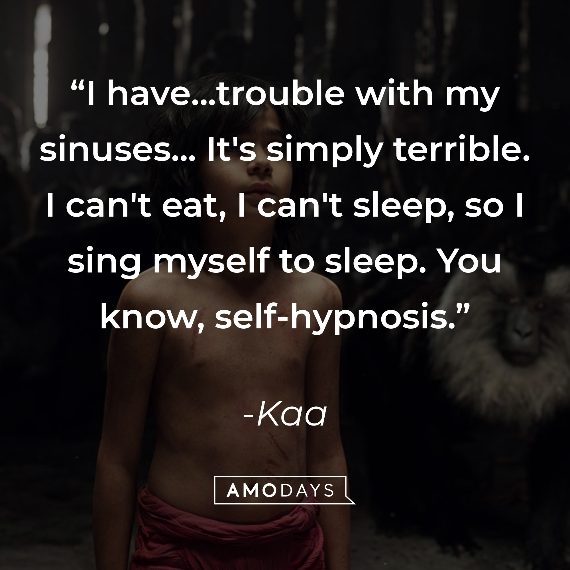 Kaa's quote: "I have...trouble with my sinuses... It's simply terrible. I can't eat, I can't sleep, so I sing myself to sleep. You know, self-hypnosis." | Source: facebook.com/DisneyJungleBook