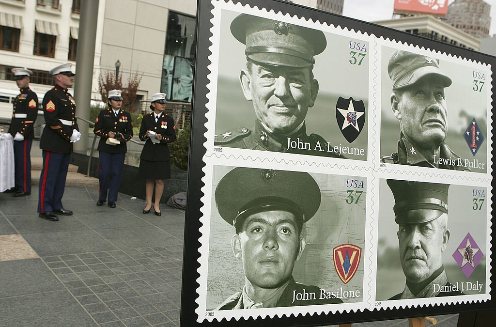 The U.S. Postal Service issued a commemorative stamp series called "Distinguished Marines." It features U.S. Marines Lewis B. Puller, Daniel J. Daly, John Basilone and John A. Lejeune | Source: Getty Images