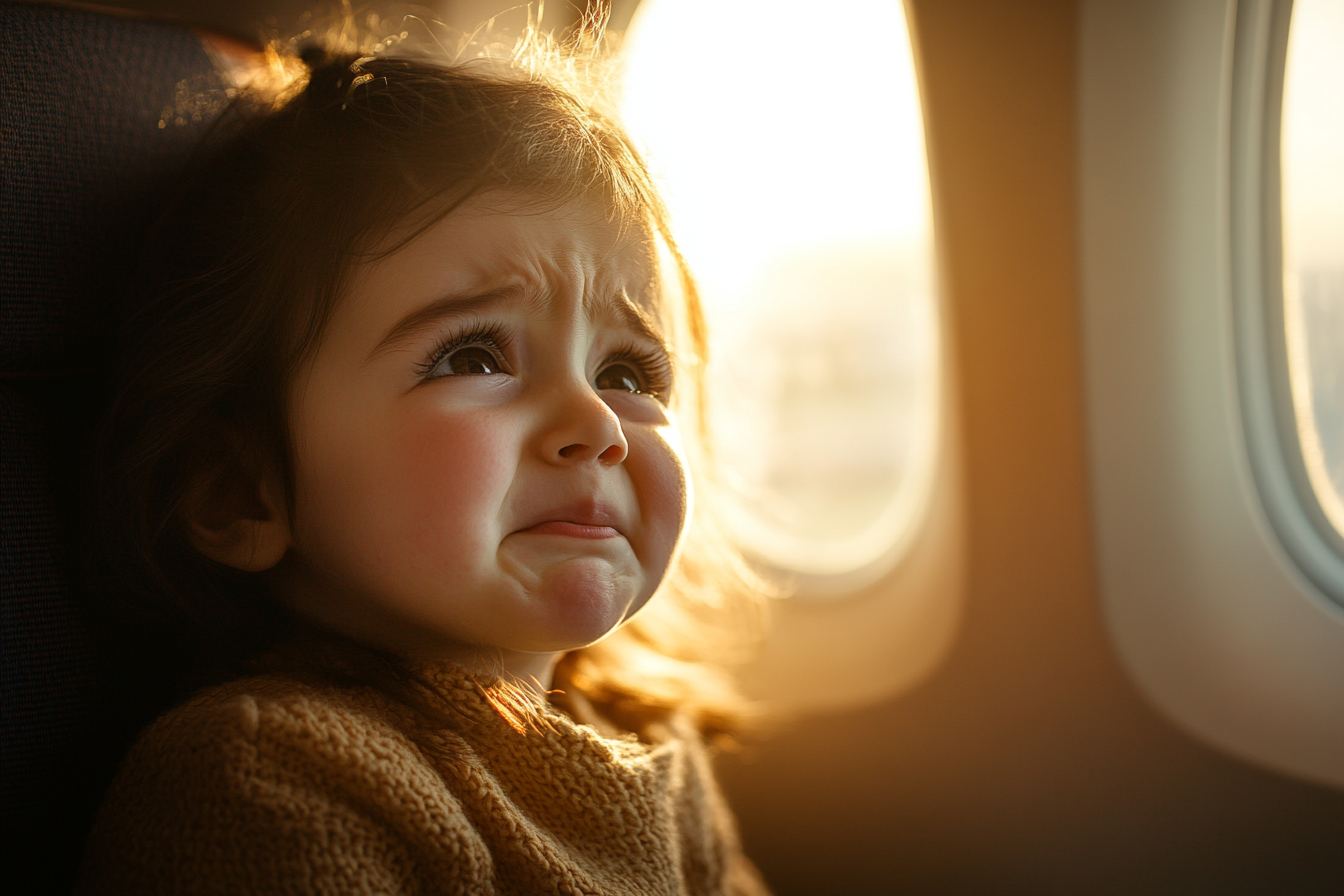 A little girl crying in an airplane | Source: Midjourney