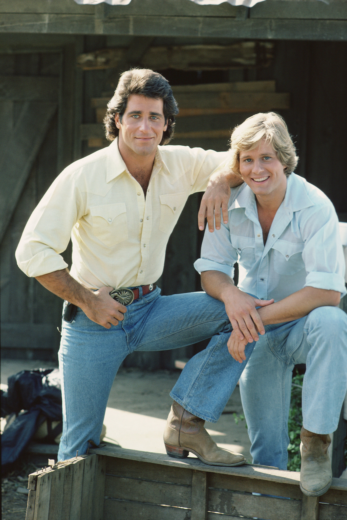 Mayer and Byron Cherry were introduced together as Hazzard County's new Duke cousins in this 1982 publicity image. Their coordinated styling helped present Vance and Coy as a familiar-looking replacement pair during one of the show's shortest-lived cast changes. | Source: Getty Images