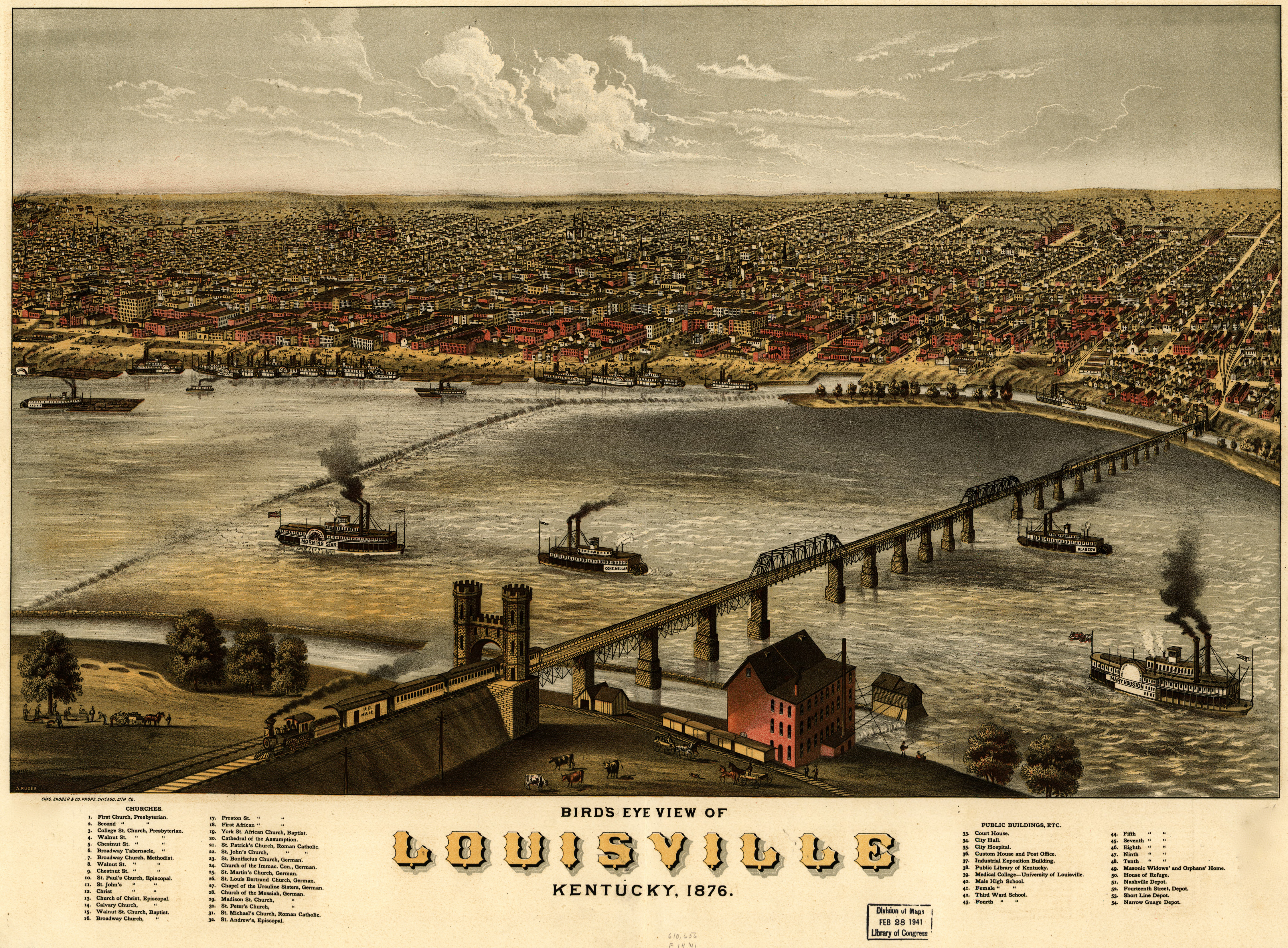 Ein Blick aus der Vogelperspektive auf Louisville, Kentucky, und den Ohio River, aufgenommen 1876 | Quelle: Getty Images