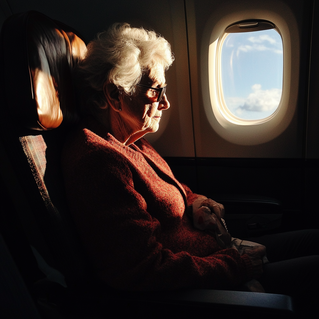 An elderly woman sitting in an airplane | Source: Midjourney