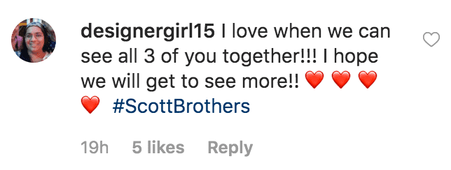 Fan comment's on JD Scott's picture of him posing with his brothers, "Property Brother" stars, Johnathan Scott and Drew Scott | Source: Instagram.com/mrjdscott