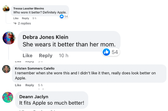 A screenshot of a series of comments about Apple wearing her mom's vintage dress posted on Instagram on 15 June, 2023 | Source: Instagram.com/@gwynethpaltrow