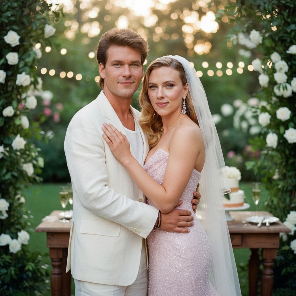 Nobody puts this couple in a corner as Scarlett Johansson and Patrick Swayze look cozy on their imaginary wedding day | Source: Grok AI