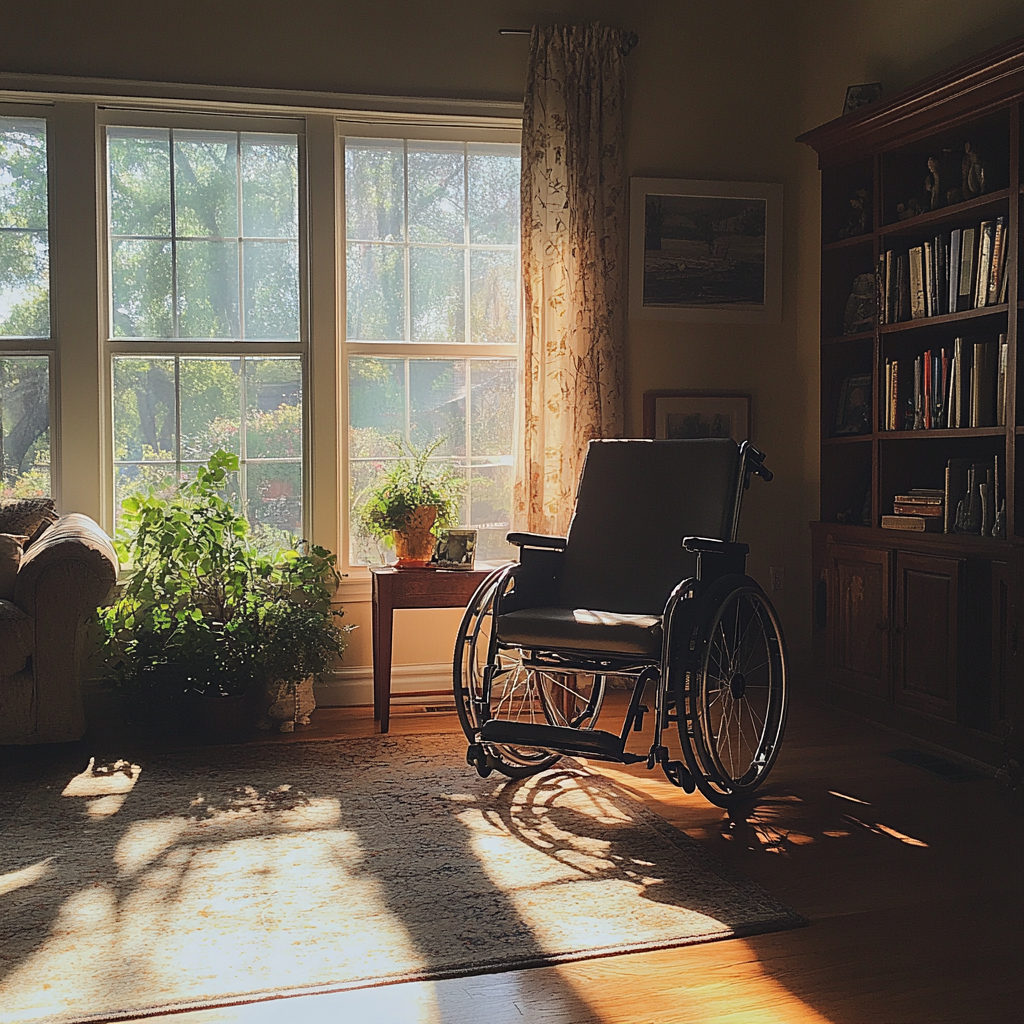 A wheelchair in a living room | Source: Midjourney