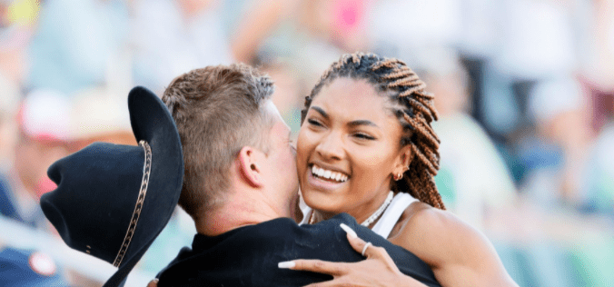 Tara Davis with boyfriend and Paralympian Hunter Woodhall on day nine of the 2020 US Olympic Track & Field Team Trials at Hayward Field on June 26, 2021 in Eugene, Oregon | Photo: Getty Images