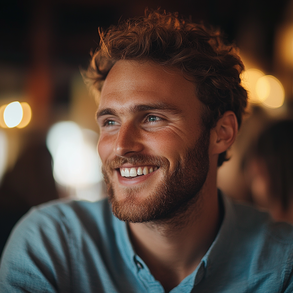 A man smiles while sitting in a restaurant | Source: Midjourney