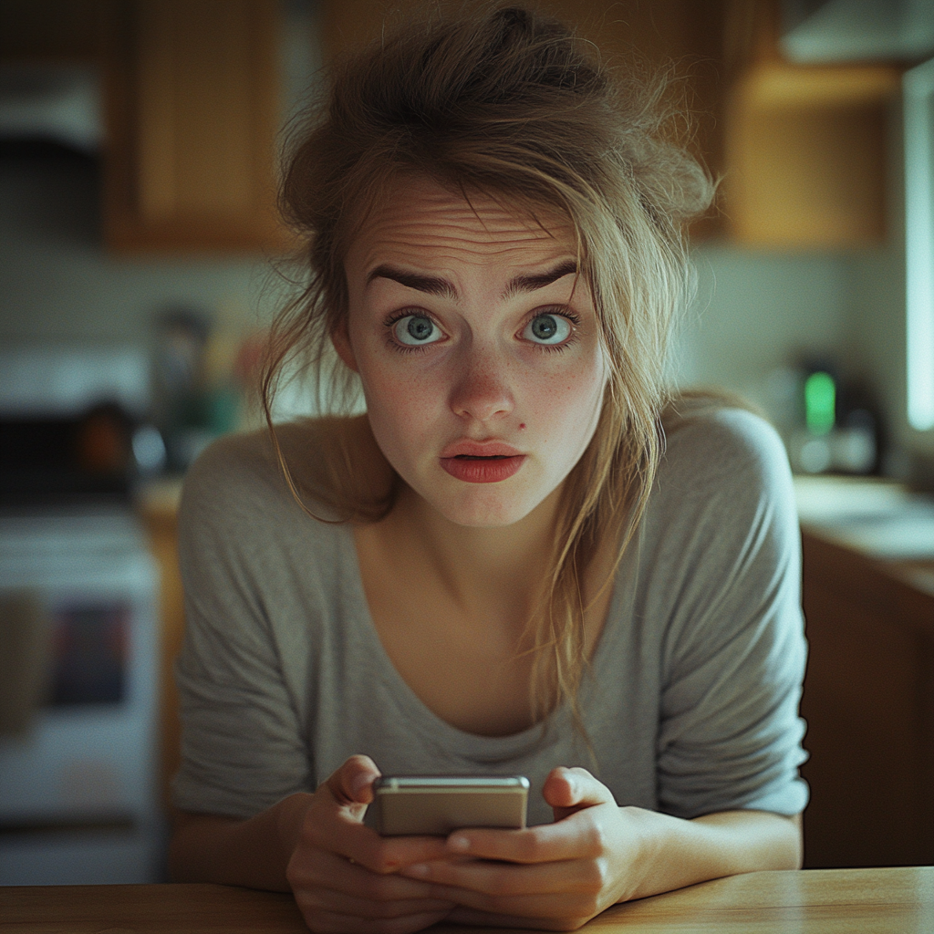 A shocked woman looking at a phone | Source: Midjourney