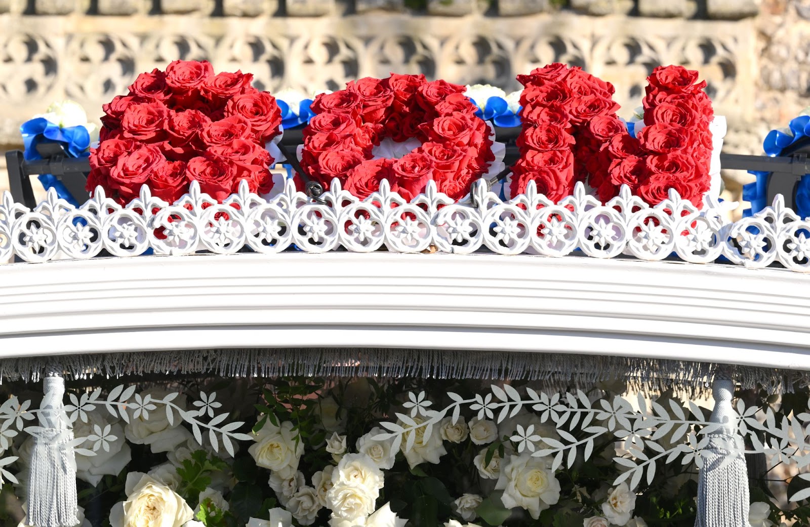 A floral tribute on the hearse which spells the word "Son" at Liam Payne's funeral in 2024 in Amersham, England. | Source: Getty Images