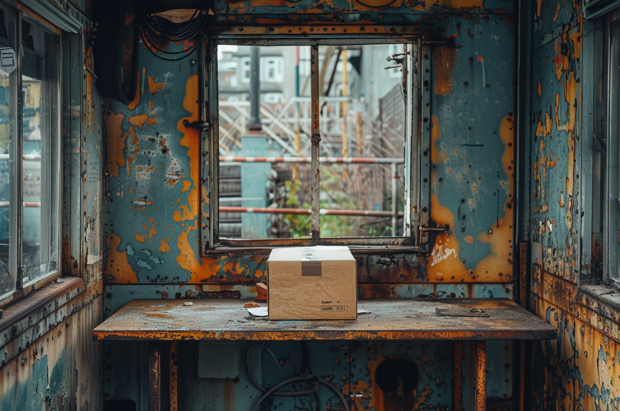 A parcel on a table inside an old trailer | Source: Midjourney