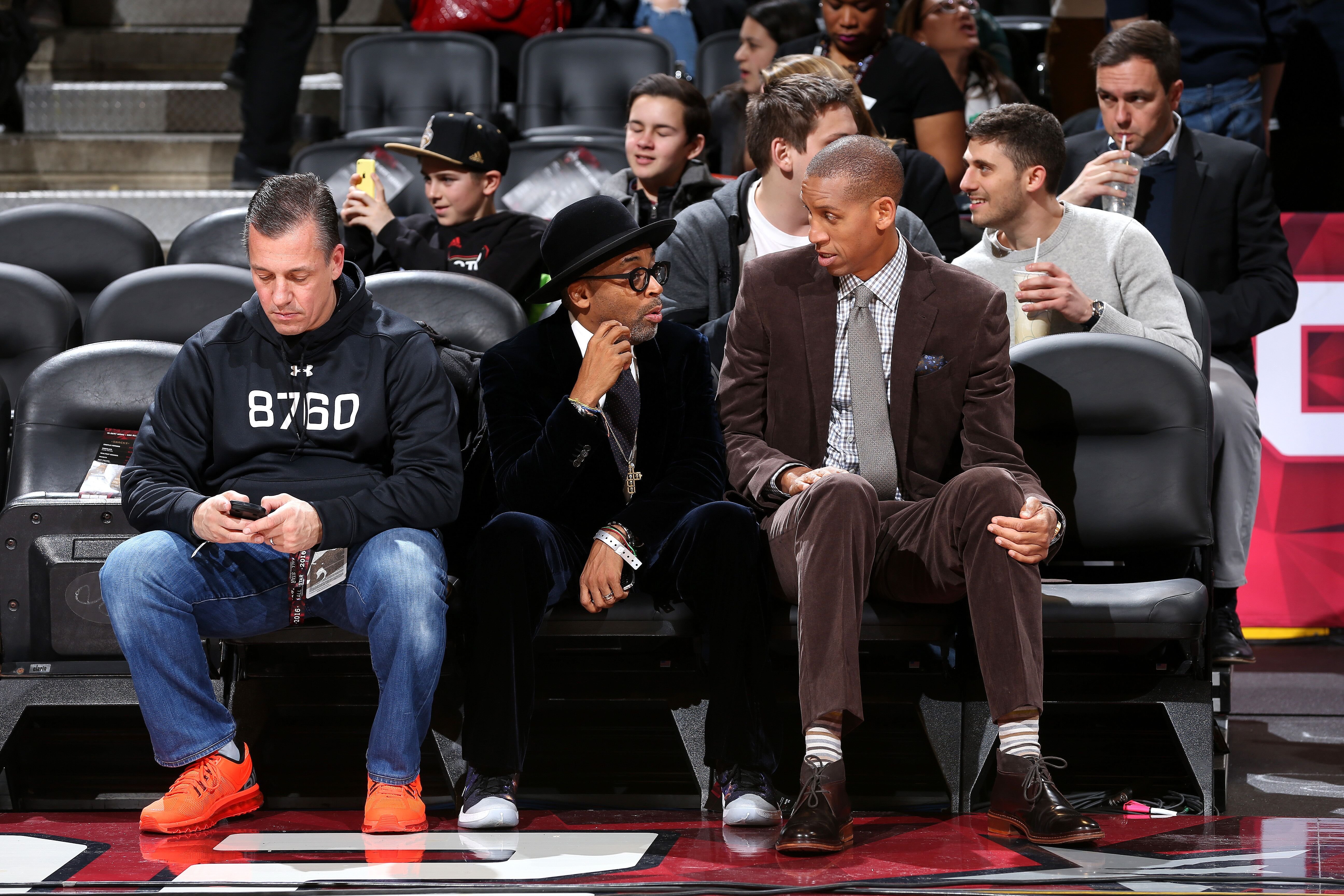 Spike Lee and former NBA player Reggie Miller of the Indiana Pacers have a discussion during the Taco Bell Skills Challenge as part of NBA All-Star 2016 in Toronto | Source: Getty Images