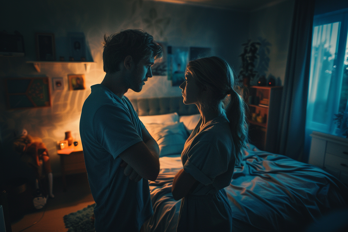 A couple speaking in their bedroom at night | Source: Midjourney