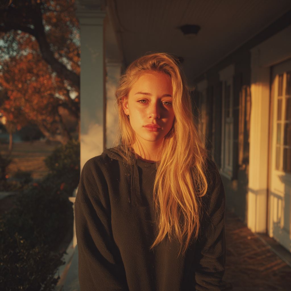An emotional young woman standing on a porch | Source: Midjourney