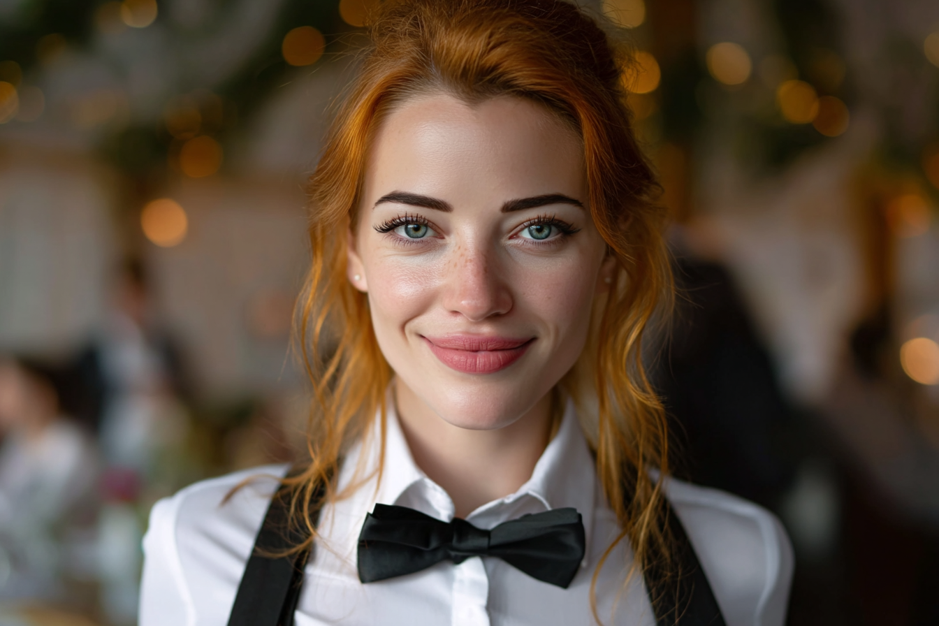 A waitress smiling at a wedding | Source: Midjourney