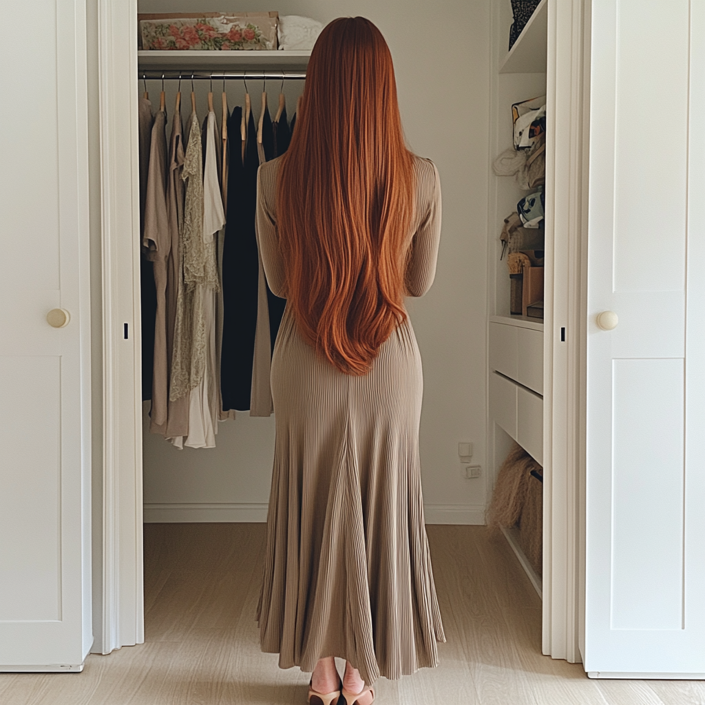 A woman standing in front of a closet | Source: Midjourney