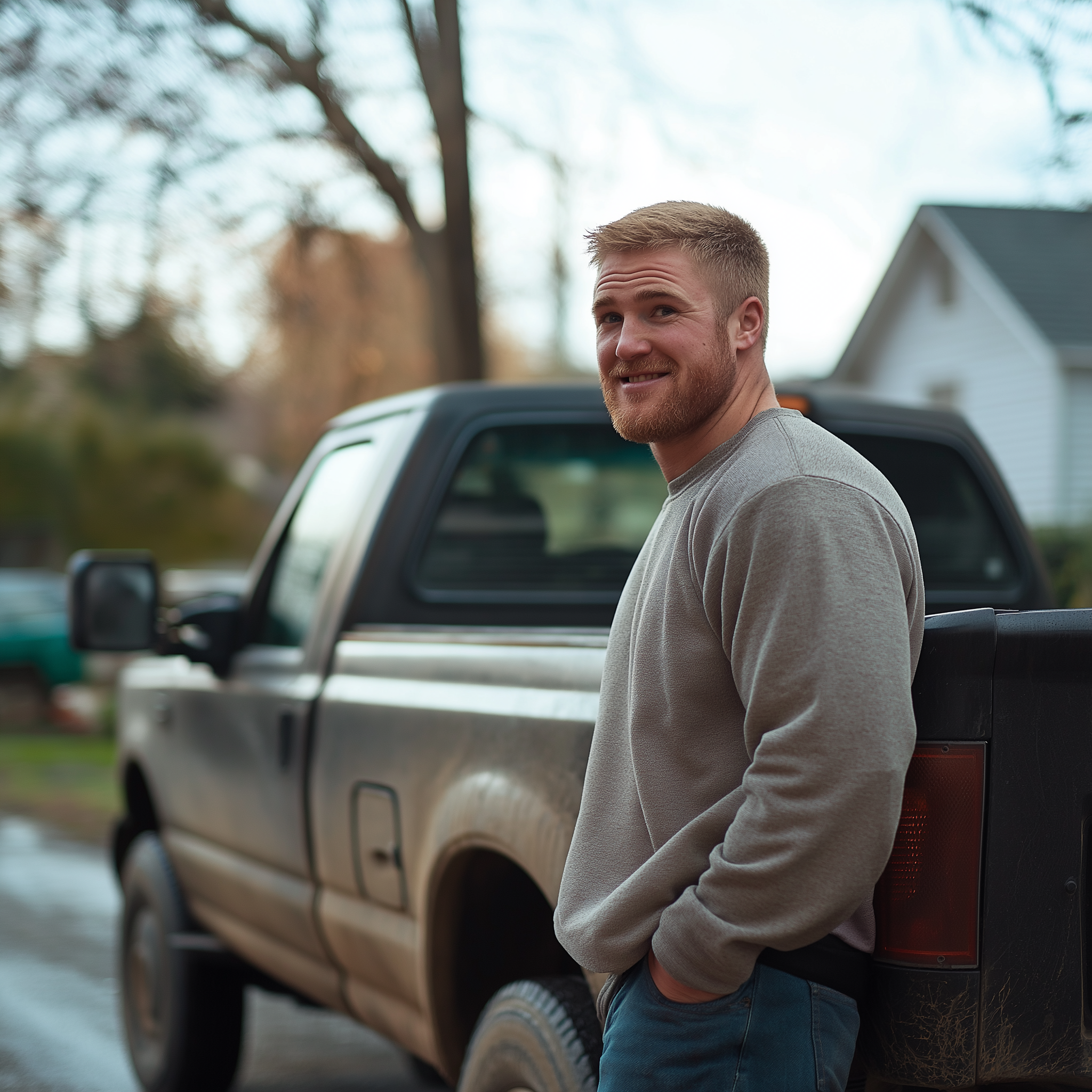 A man chuckles while standing near the back of his truck and looking at someone | Source: Midjourney