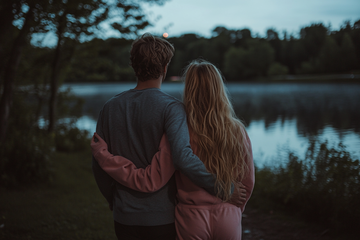 A couple walking by a lake | Source: Midjourney