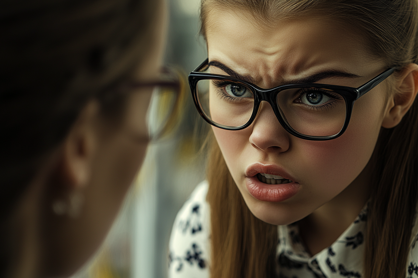 A young woman talking to her grandfather's neighbor | Source: Midjourney