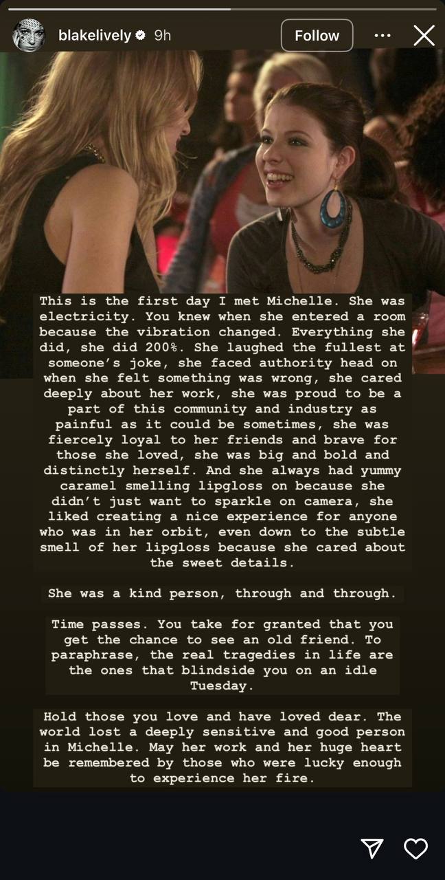 Blake Lively's heartfelt tribute to Michelle Trachtenberg' after hearing about her death on February 26, 2025 | Source: Instagram Story/blakelively