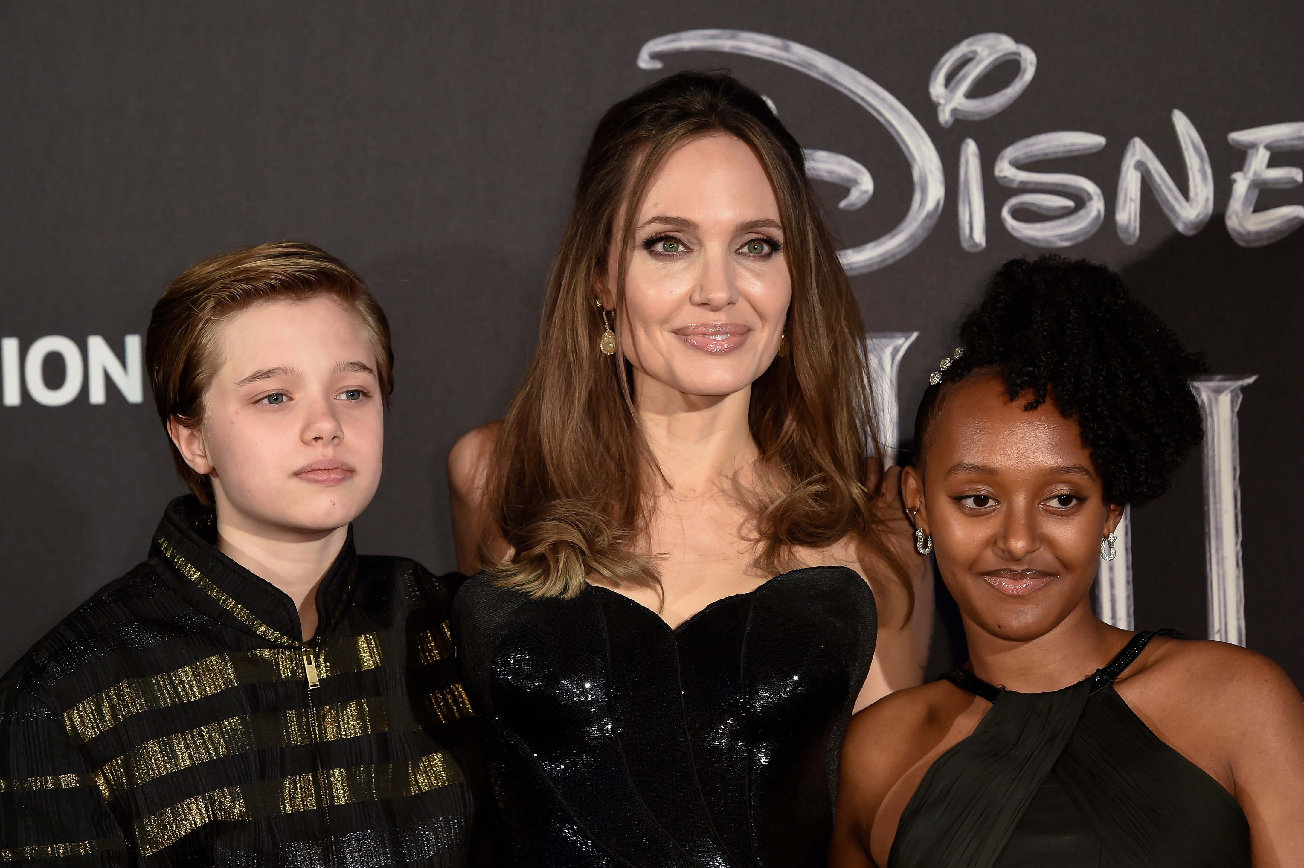 American actress Angelina Jolie and her children Shiloh Nouvel Jolie-Pitt and Zahara Marley Jolie-Pitt during the European premiere of the Disney film Maleficent Lady of Evil at the Auditorium della Conciliazione. Rome, October 7th, 2019