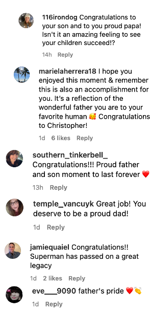 Fan comments on Dean Cains post celebrating his son, Christopher Cain's High Point University graduation on May 6, 2023 | Source: Instagram/deuces1966