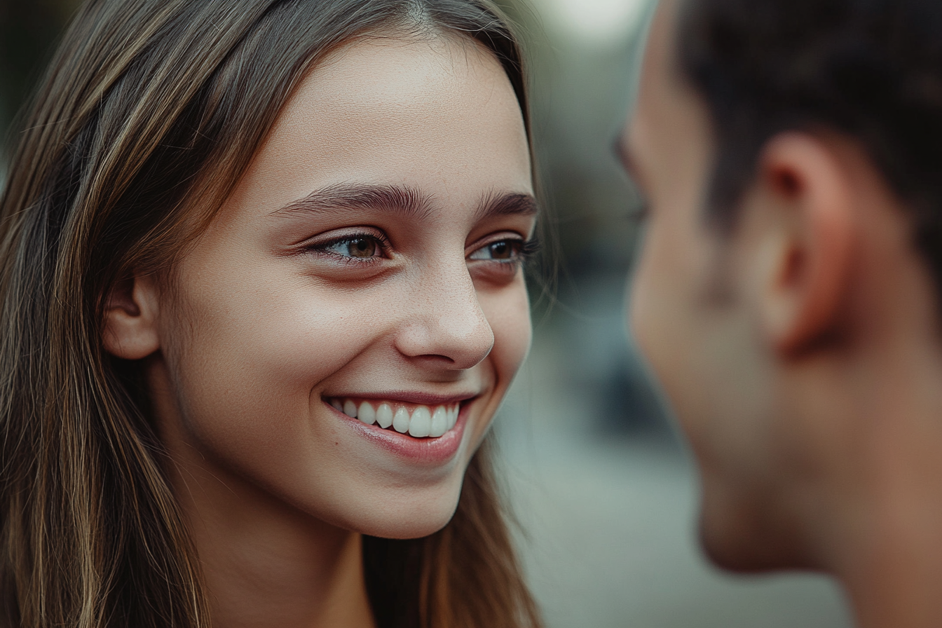 A woman smiling at a man | Source: Midjourney