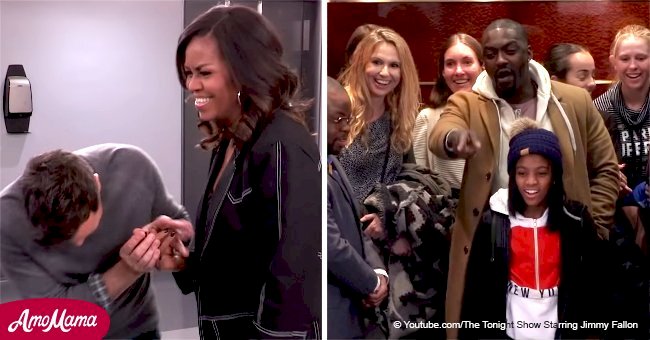 Michelle Obama prepares to surprise unsuspecting people in an elevator