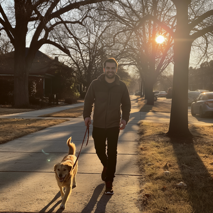 A man walking his dog in the neighborhood | Source: Midjourney