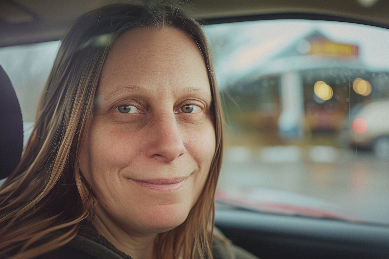 A woman in a car, smiling | Source: Midjourney