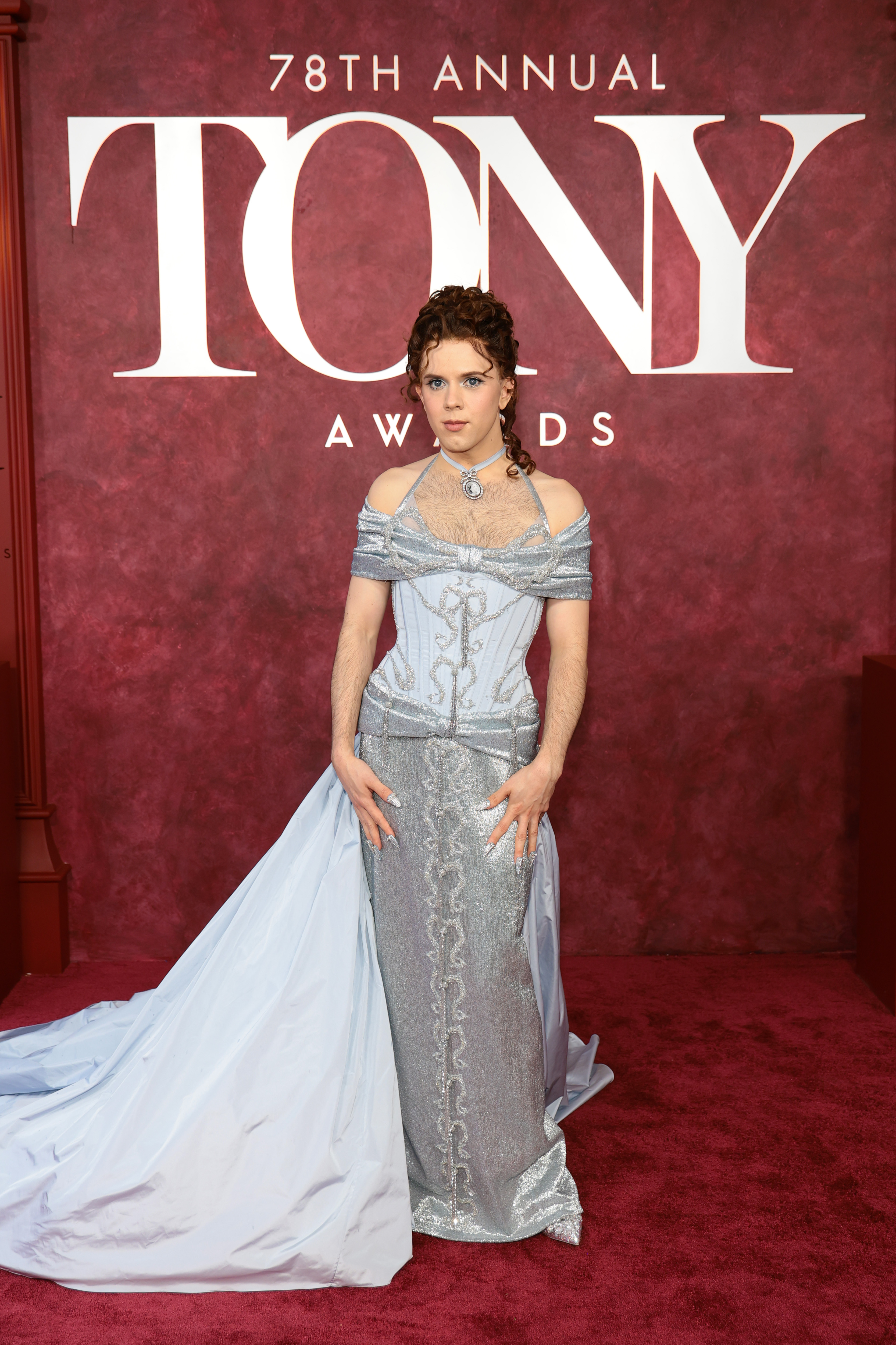 "Oh, Mary!" Actor Cole Escola looking radiant in a hand-on-lap pose at the 78th Annual Tony Awards held at Radio City Music Hall in New York City on June 8, 2025.