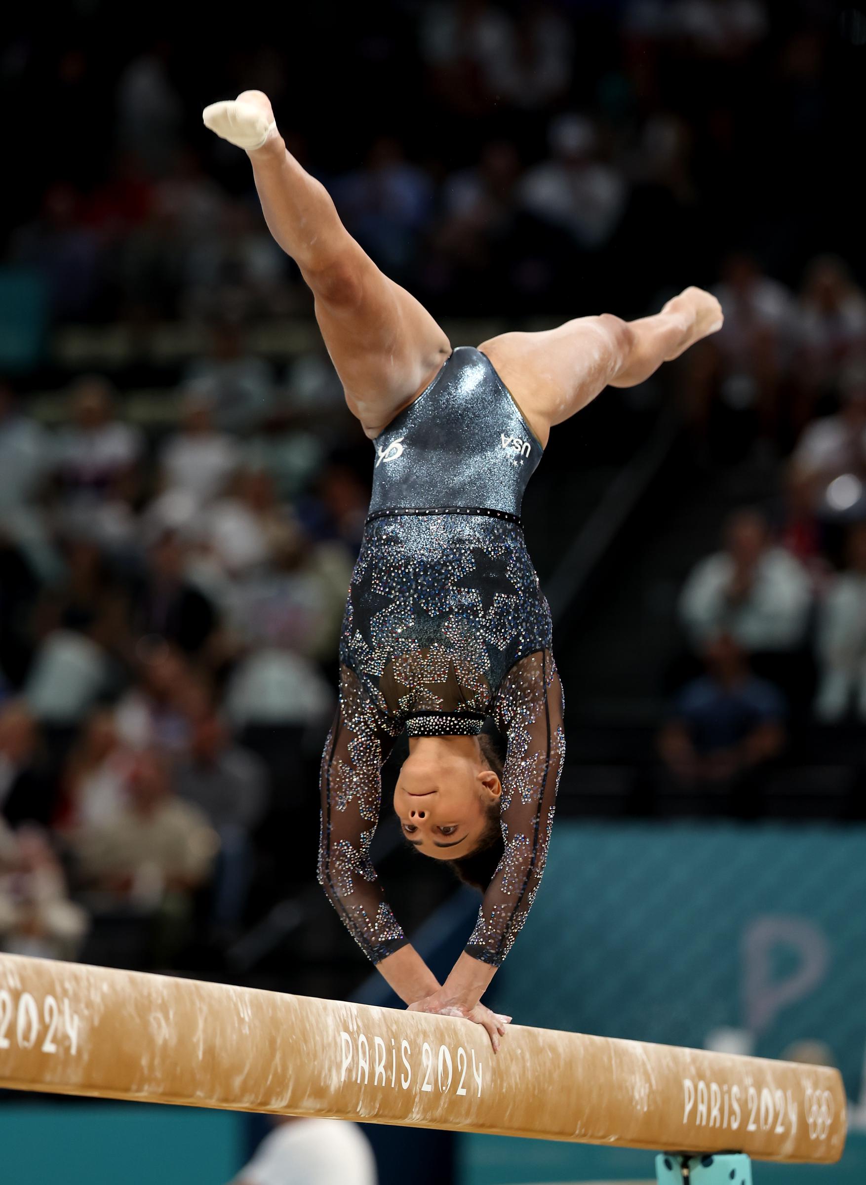 Hezly Rivera of Team US competes on the balance beam during the Artistic Gymnastics Women's Qualification at the Paris Olympic Games on July 28, 2024, in Paris, France | Source: Getty Images