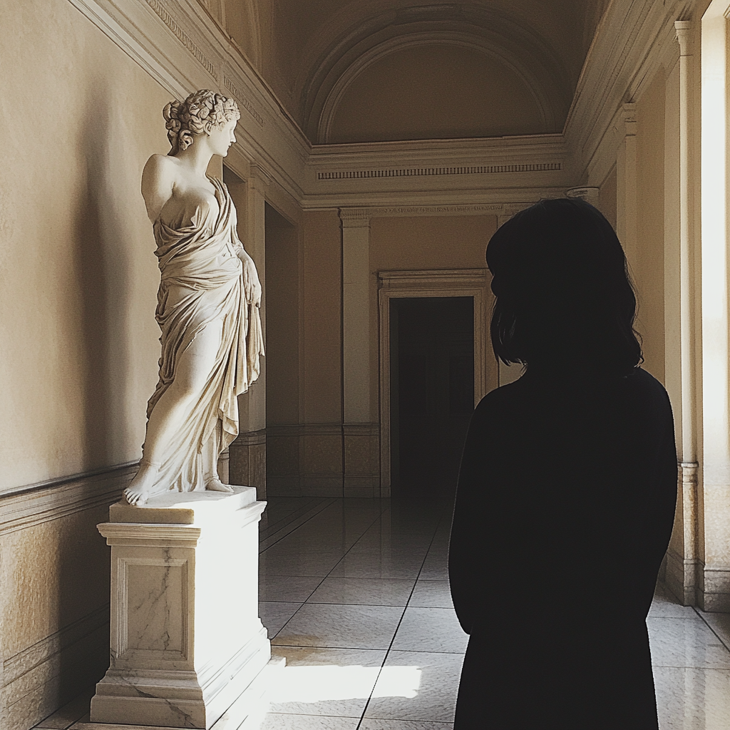 A woman looking at a statue in a hallway | Source: Midjourney