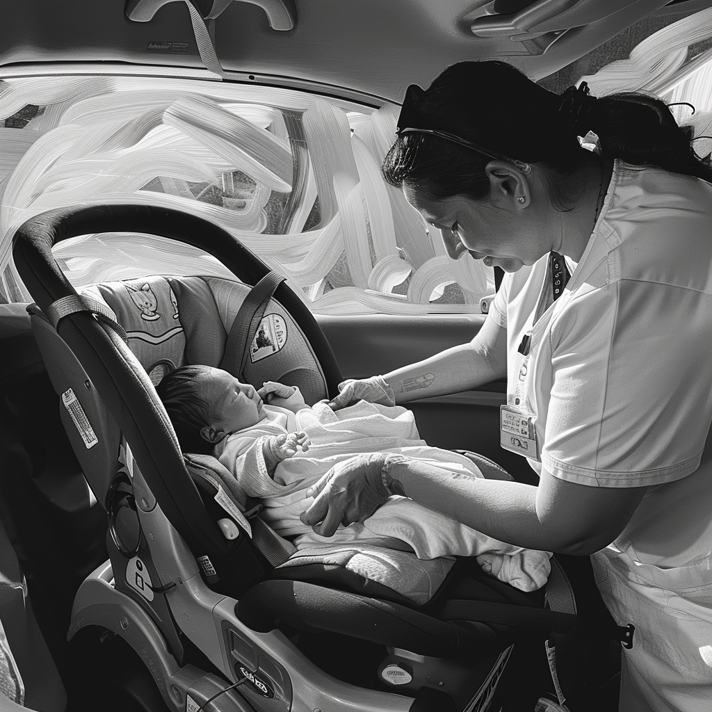 Nurse placing baby Luc into a car seat | Source: Midjourney