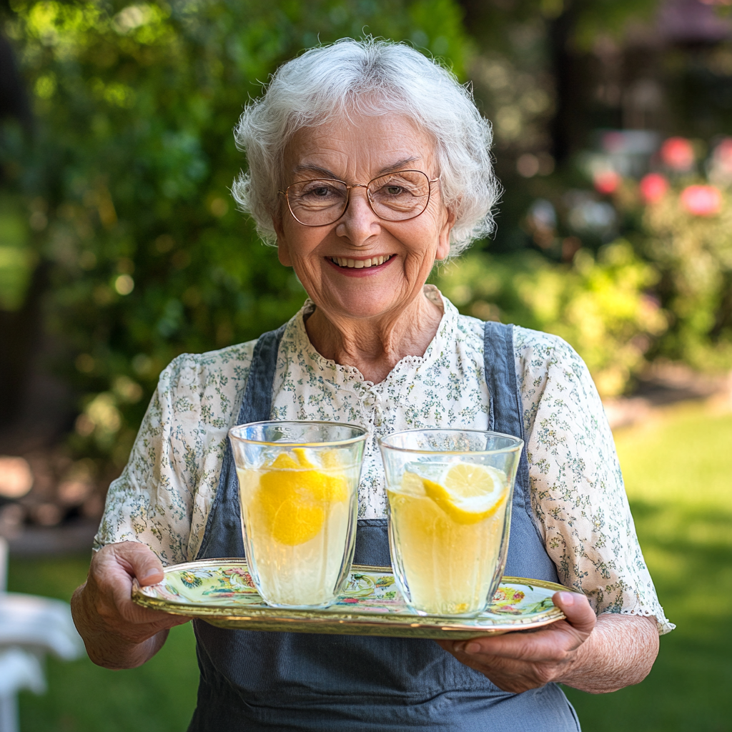 Senior woman holding a tray with two glasses of lemonade. | Source: Midjourney