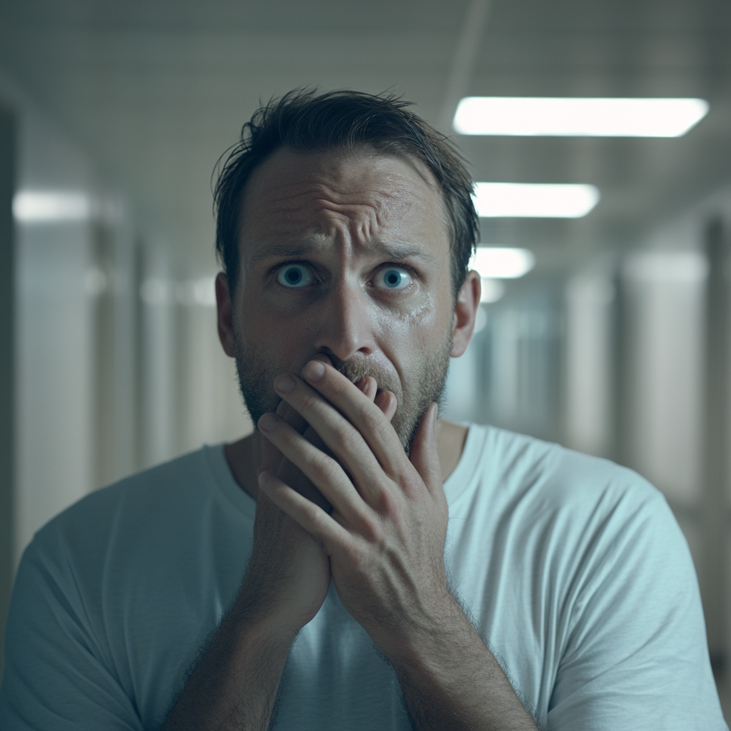 An extremely shocked and worried man standing in a hospital corridor | Source: Midjourney